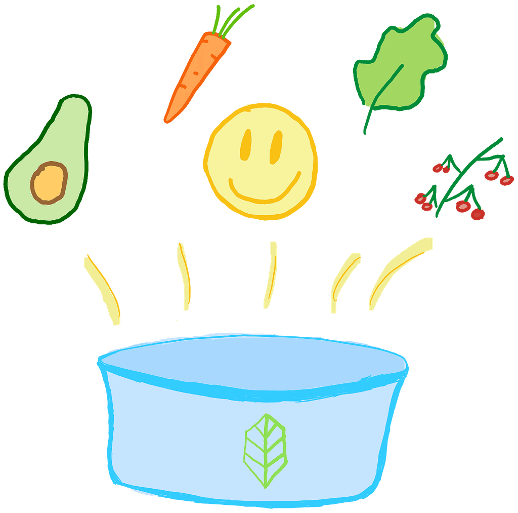 Reusable food container with vegetables and smiley